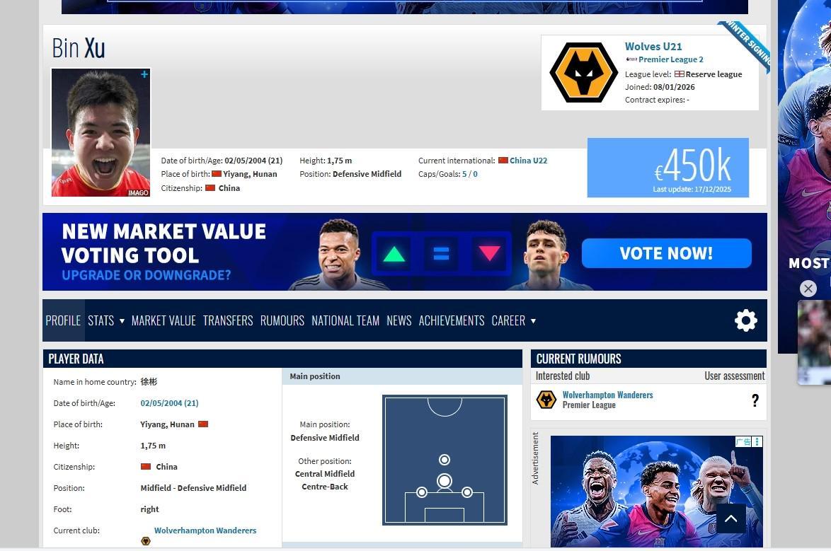 leyu部门-在欧洲开启新挑战，德转显示徐彬正式加盟狼队U21梯队